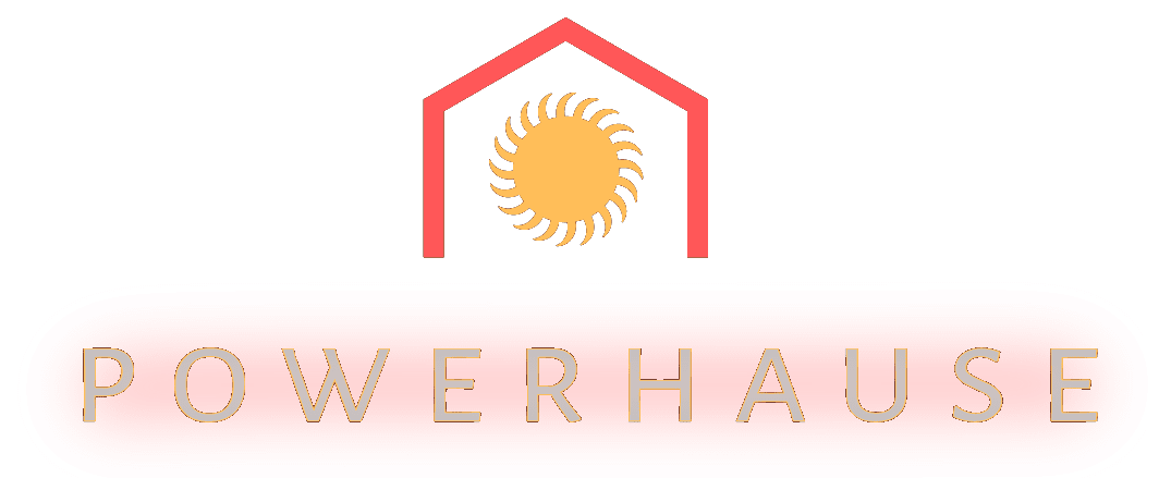 logo-2 Logo featuring a red house outline with a stylized sun inside, above the word "POWERHAUSE" in bold red letters on a rounded rectangle.